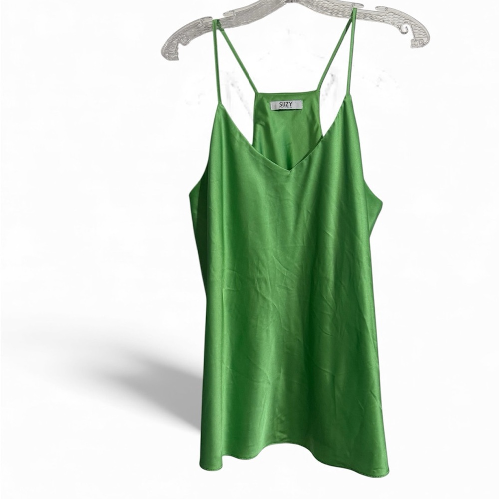 Emerald Green Satin Cami Tank Top Large Spaghetti Strap Flowy Minimalist Blouse